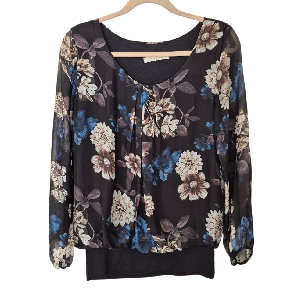 Viola Borghi Italy Floral Silk Chiffon Top Black & Blue